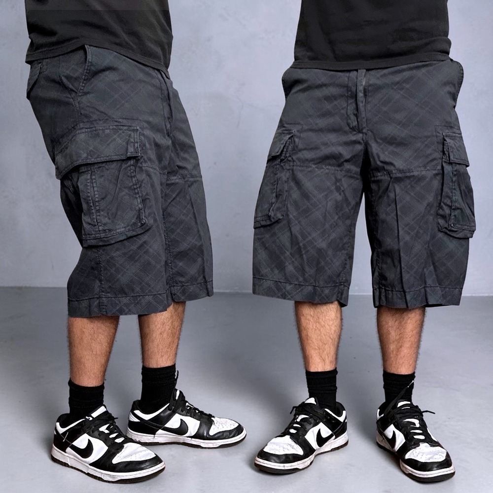Chor Baggy Cargo Shorts Black Plaid Skater Y2K 90s Vintage Style Size 32